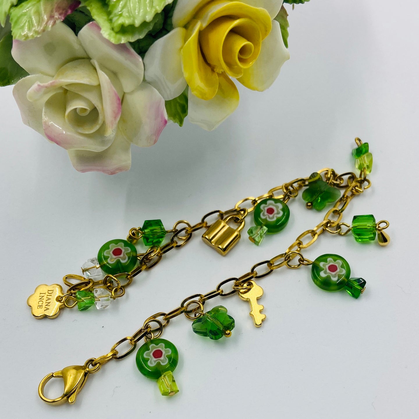 Millefiori Green-Red Lock Charm Bracelet