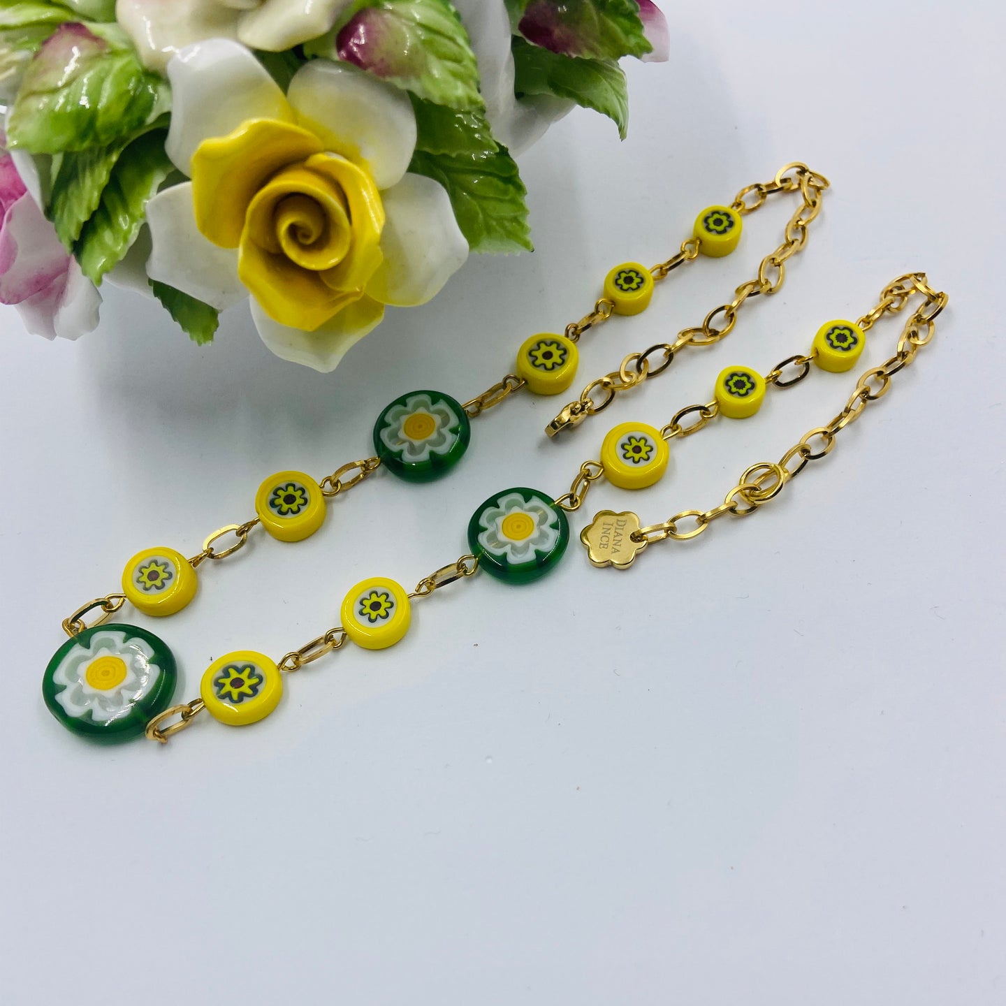 Green-Yellow Italian Millefiori Beads Necklace