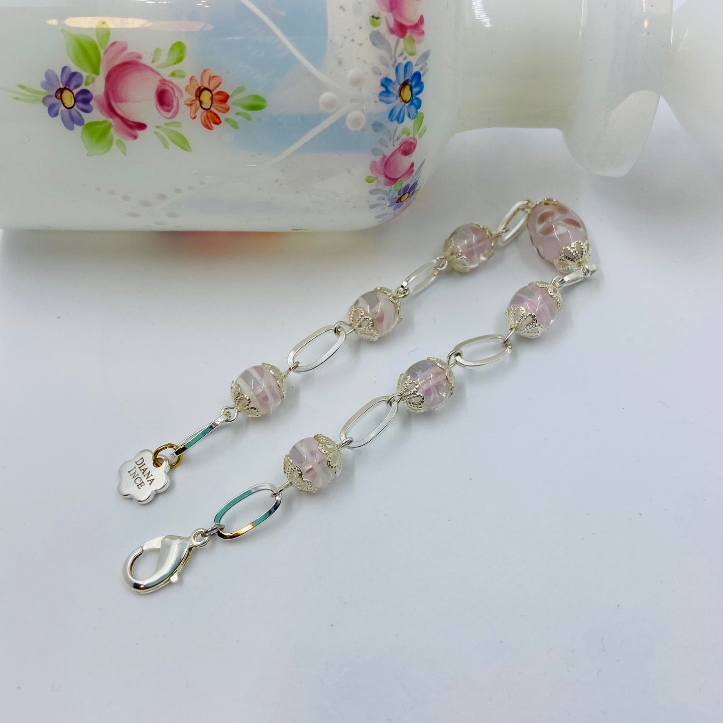 Pinkish Lampwork Glass Beads Bracelet