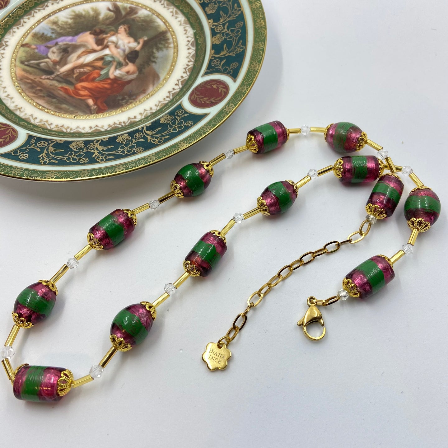 Enamel Striped Fuschia Murano Beads Necklace