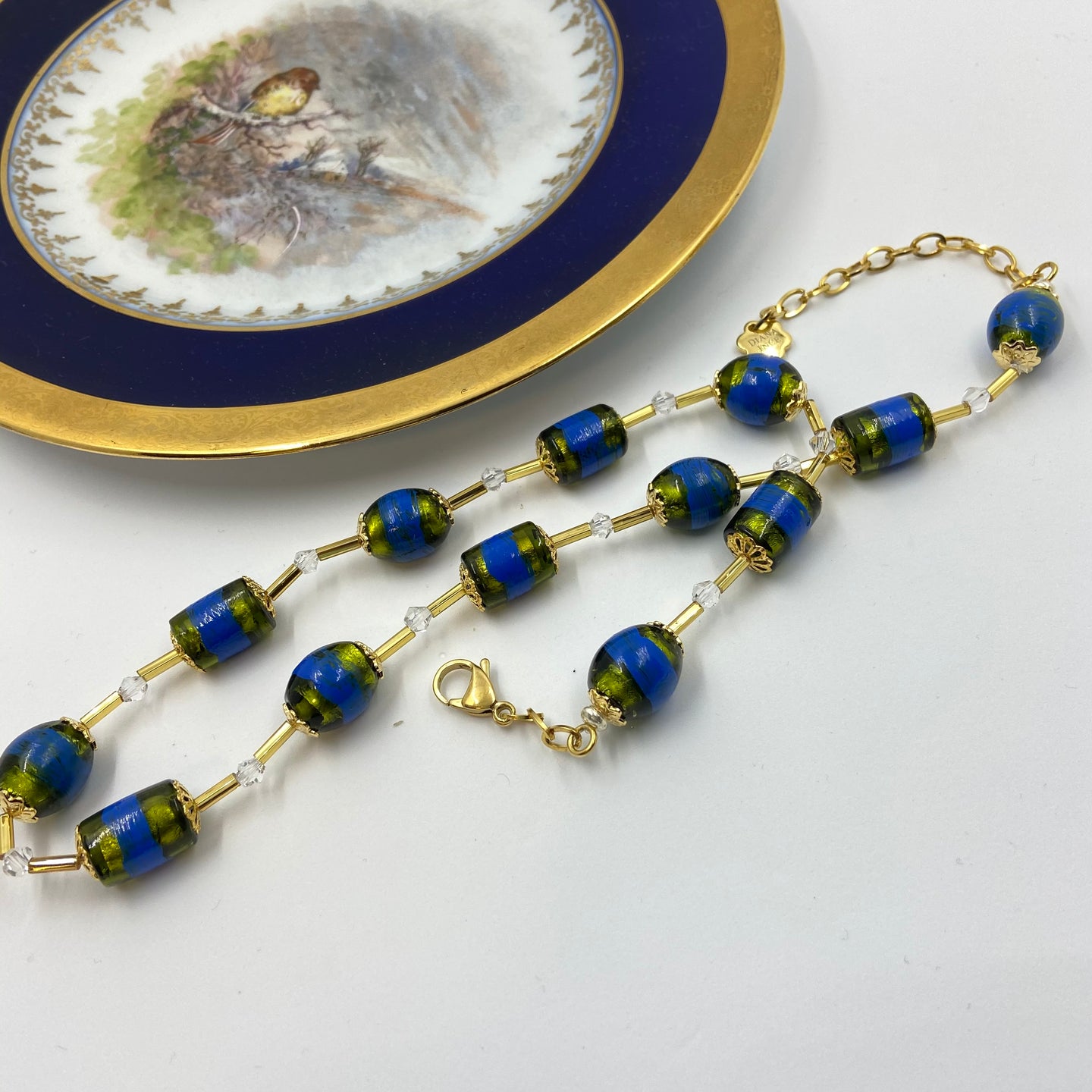 Enamel Striped Moss Murano Beads Necklace