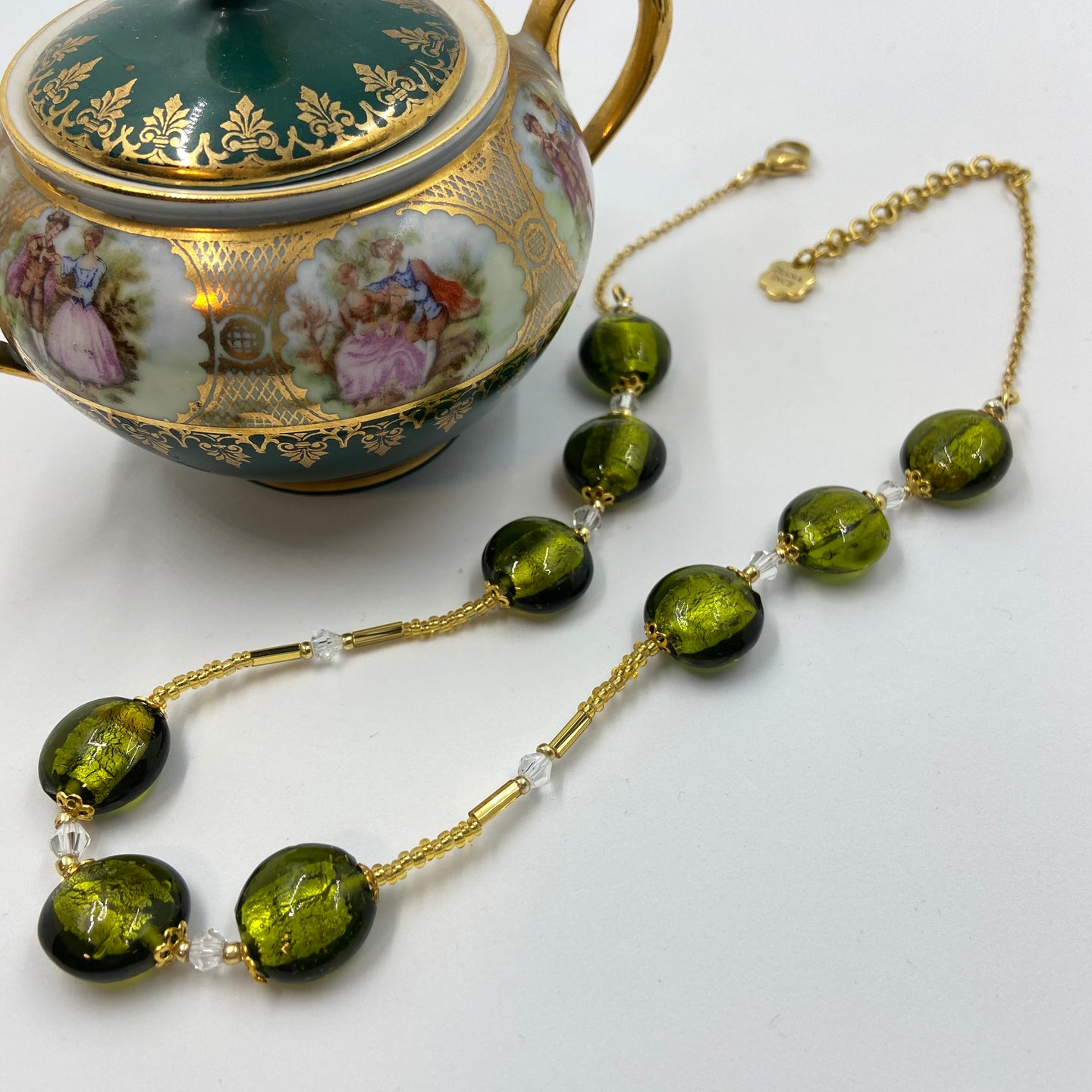 Pickle Green Murano beads on Czech Sand and Bugle Beads.