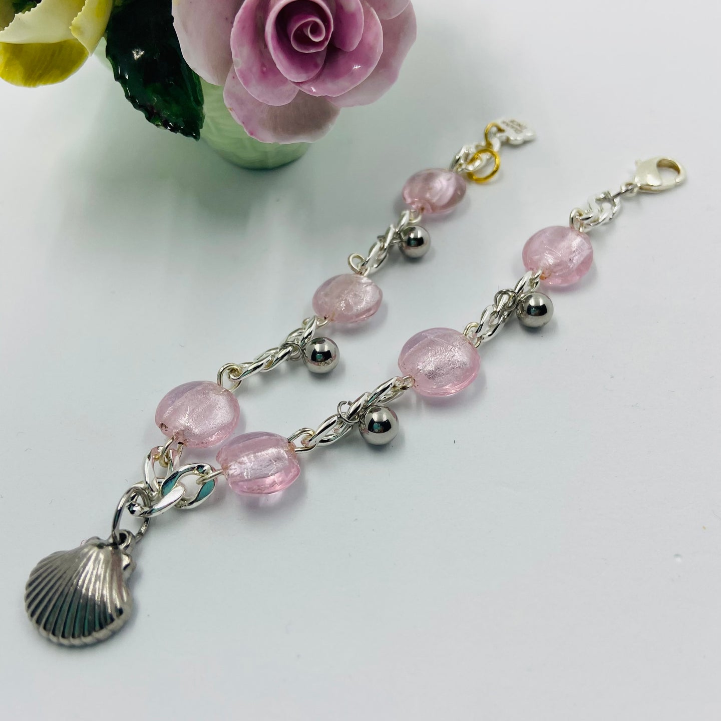 Pink Murano Seashell Charm Bracelet