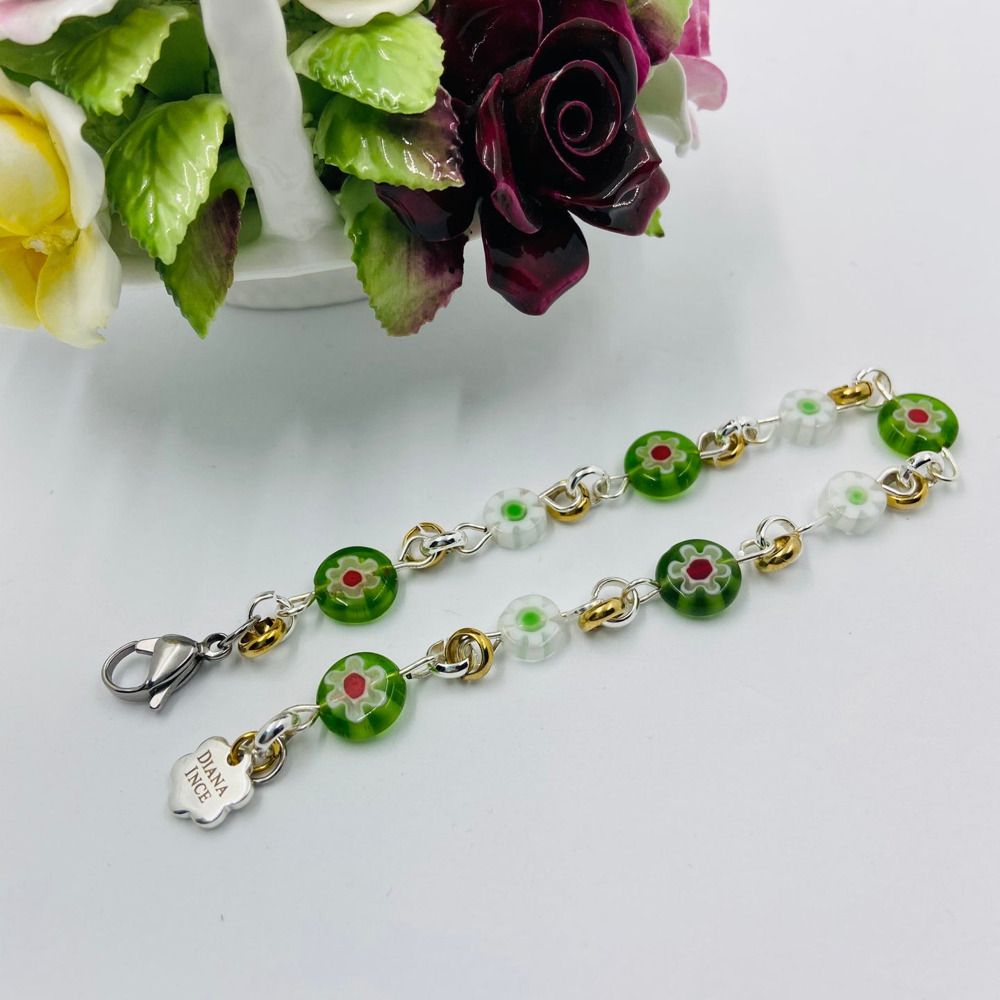 Millefiori Green White Daisy Woven Chain Bracelet