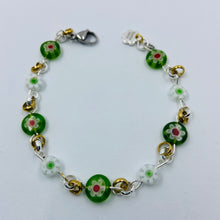 Load image into Gallery viewer, Millefiori Green White Daisy Woven Chain Bracelet
