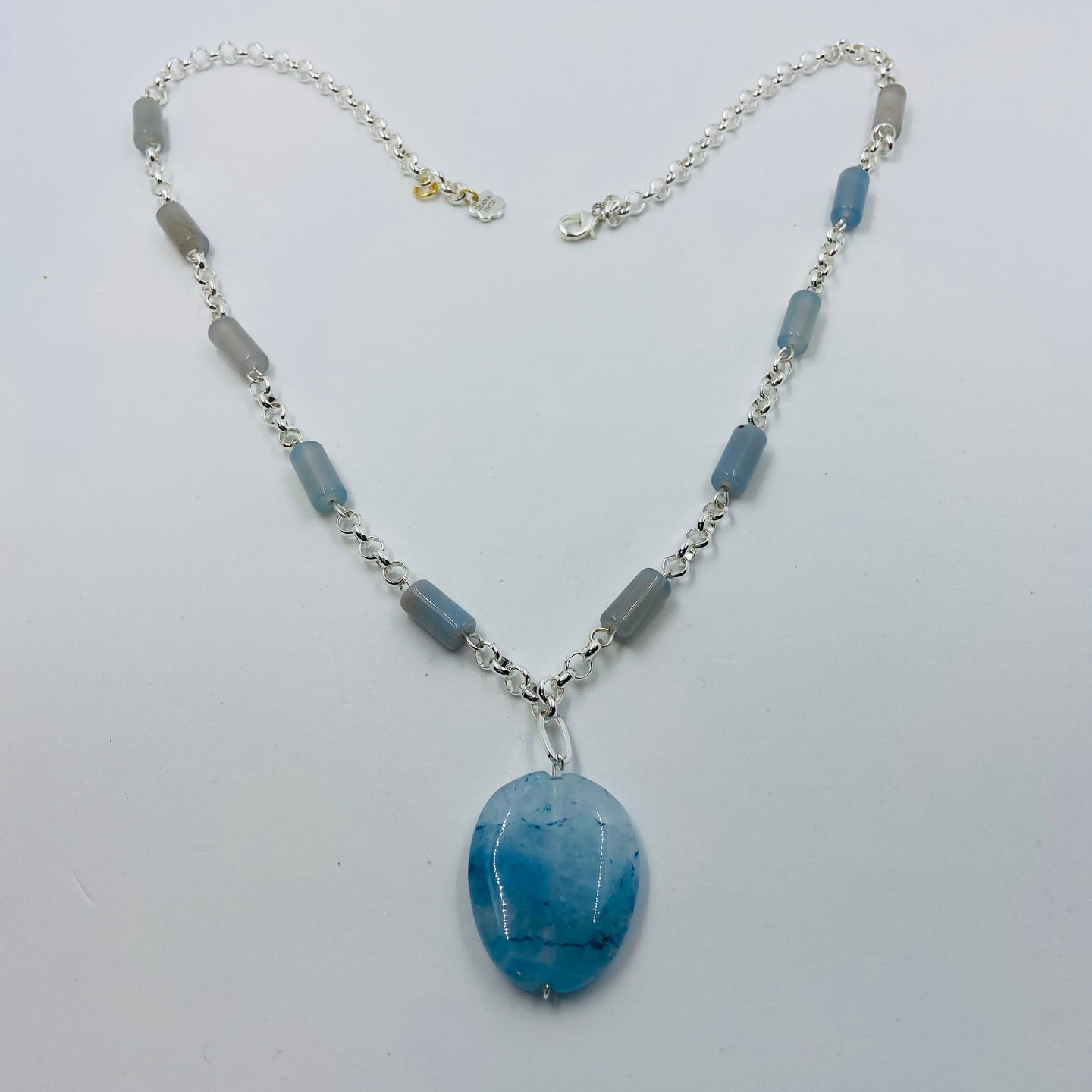 Sterling Silver Plated Cloud Blue Agate Stone Eleven Design Necklace