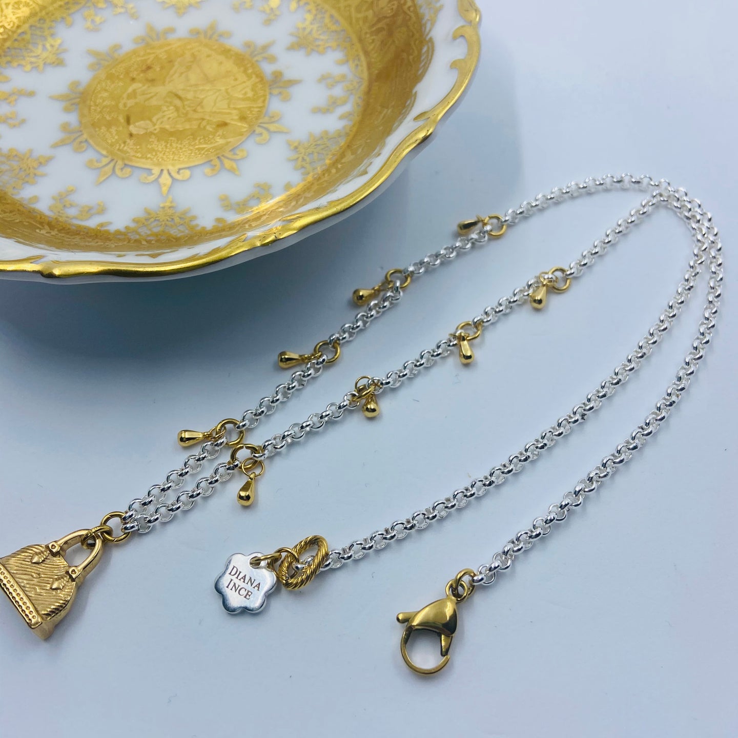 Sterling Silver Plated, Golden Purse - Drops Necklace