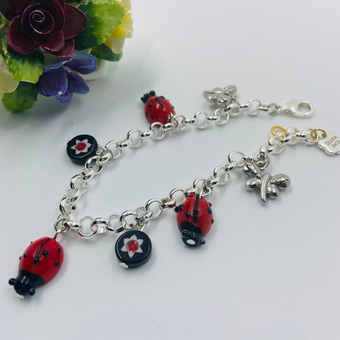 Ladybug Lampwork Bead Silver Plated Bracelet