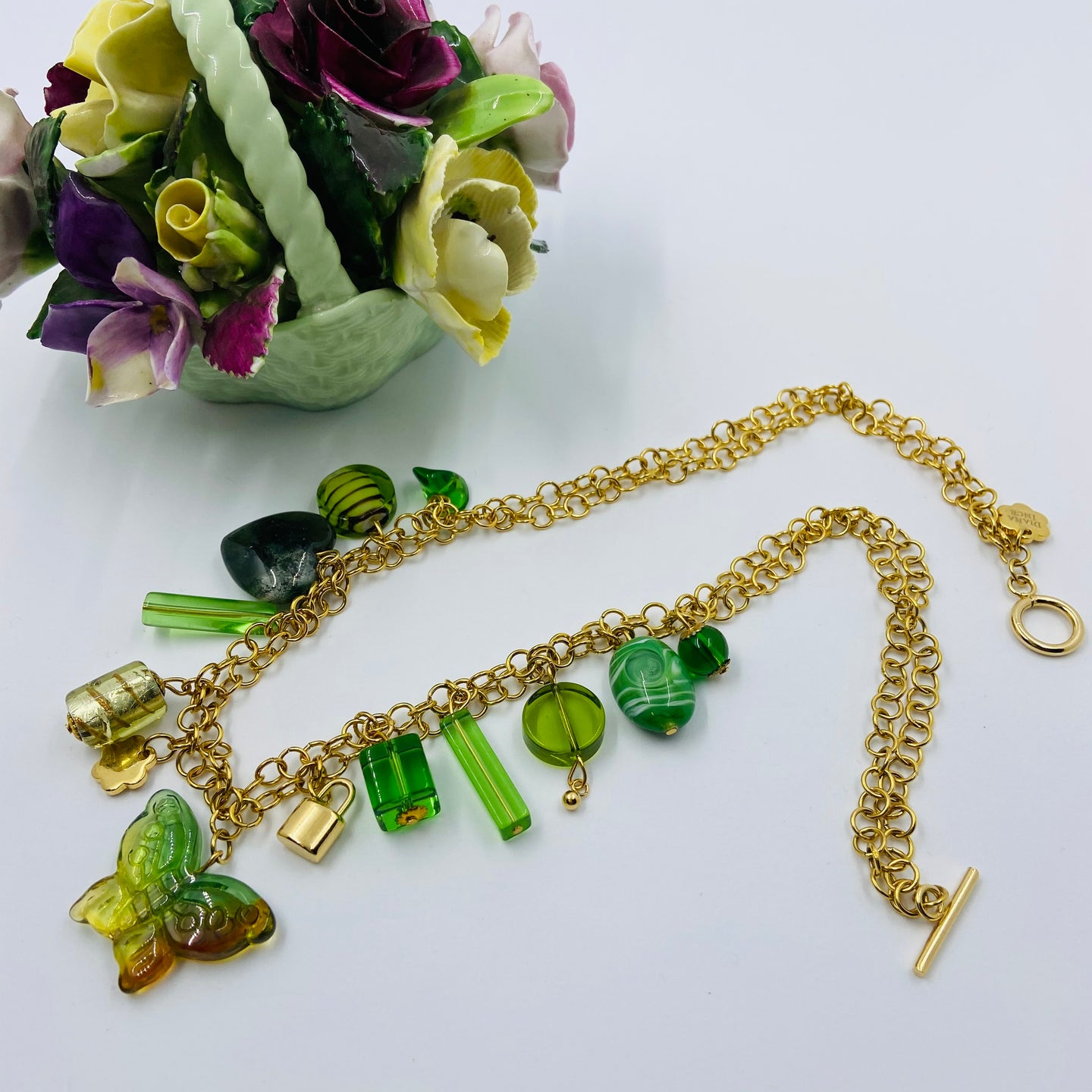 Double Chain Green Czech Glass Lock Charm Necklace