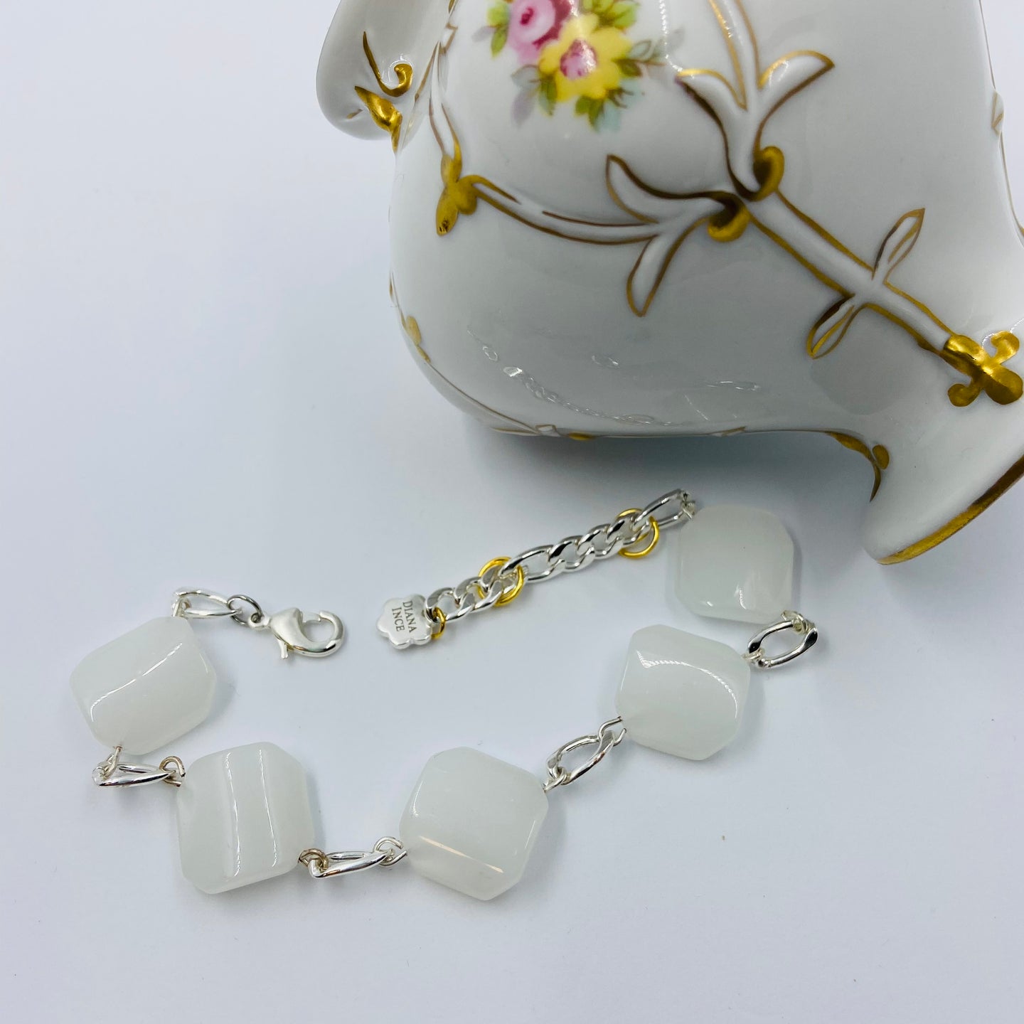 White Diagonal Glass Bead Bracelet