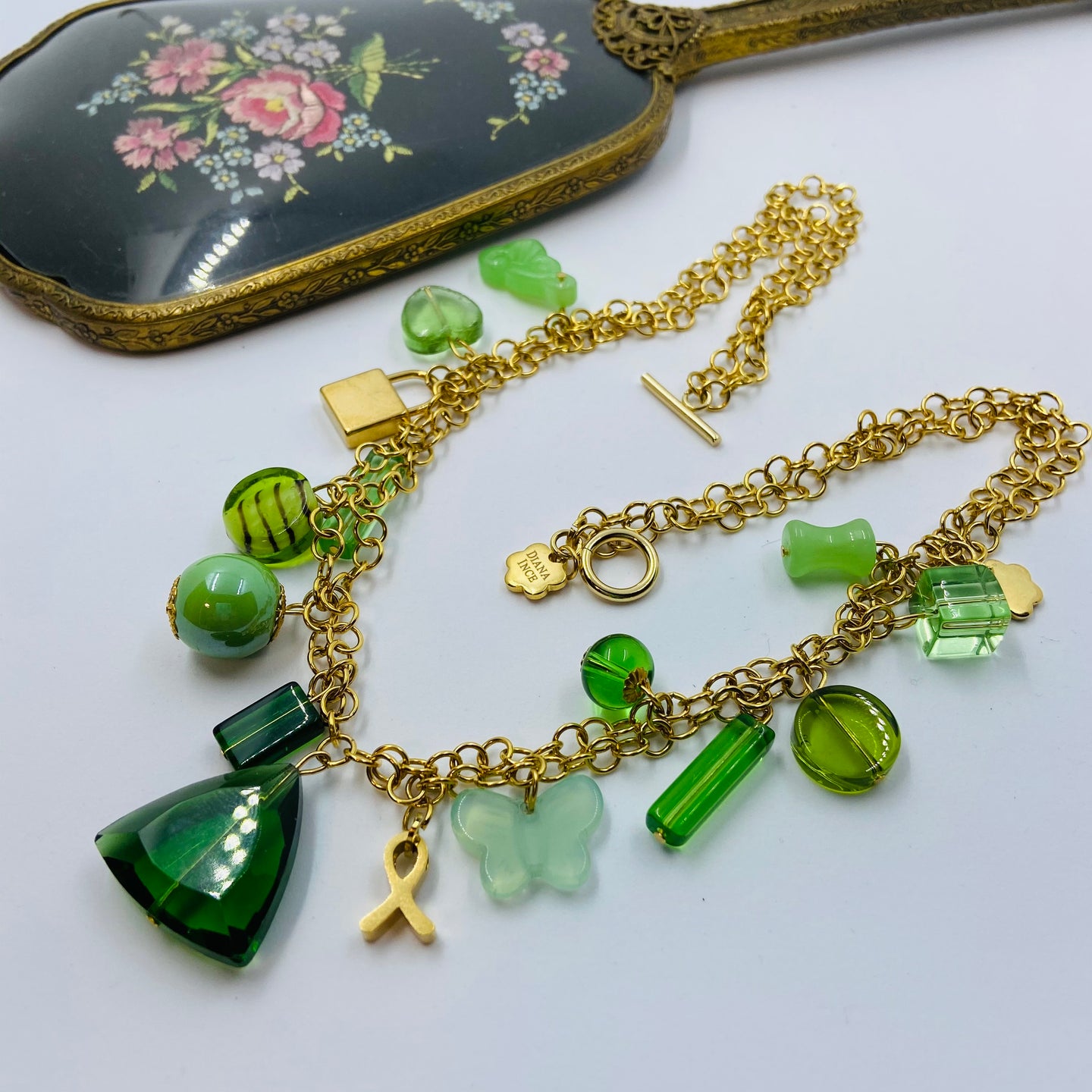 Double Chain Green Czech Glass Lock-Ribbin Charm Necklace