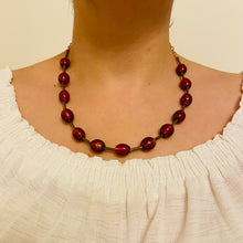 Load image into Gallery viewer, Gold Striped Coal Red Murano Beads Necklace
