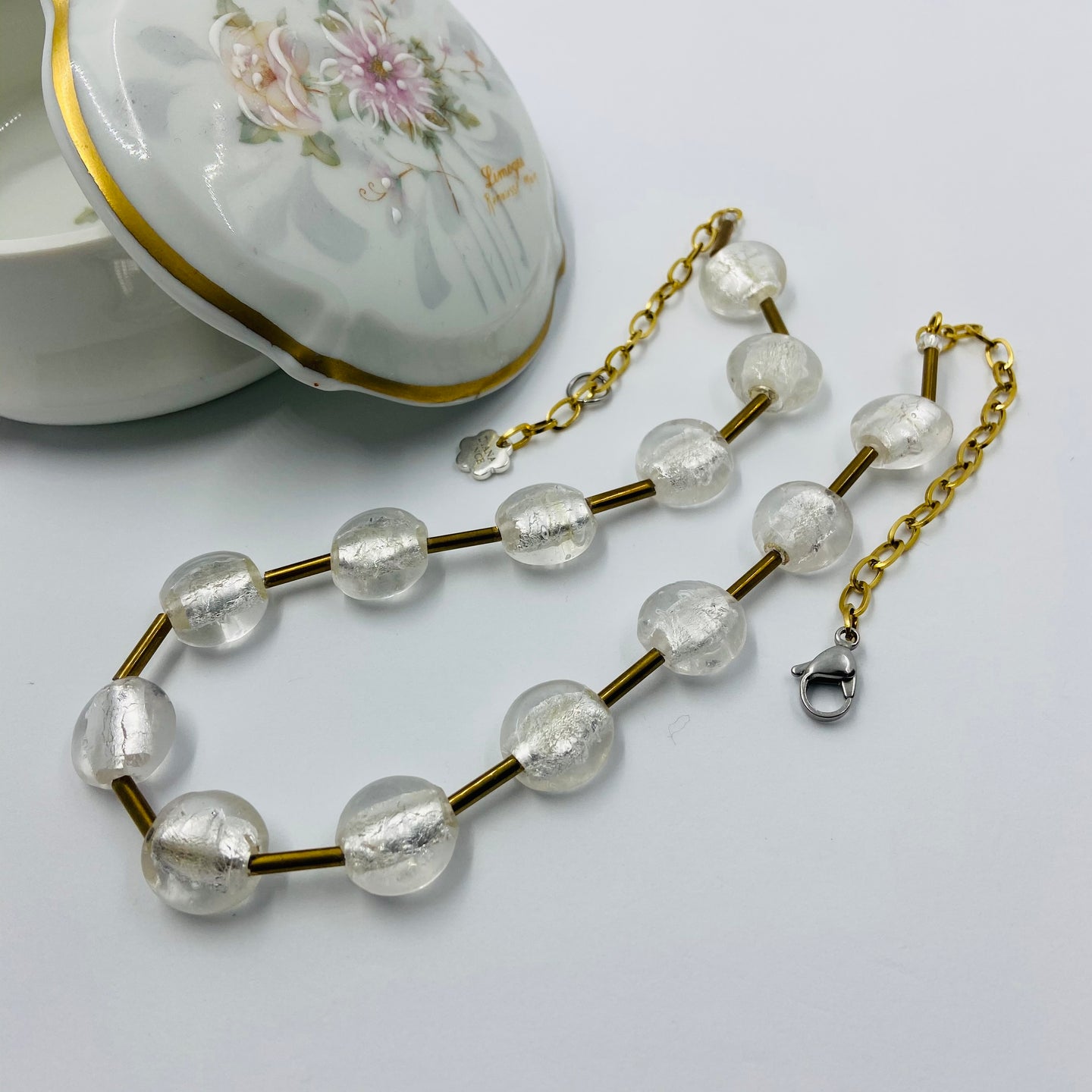 White Murano Golden Tube Necklace