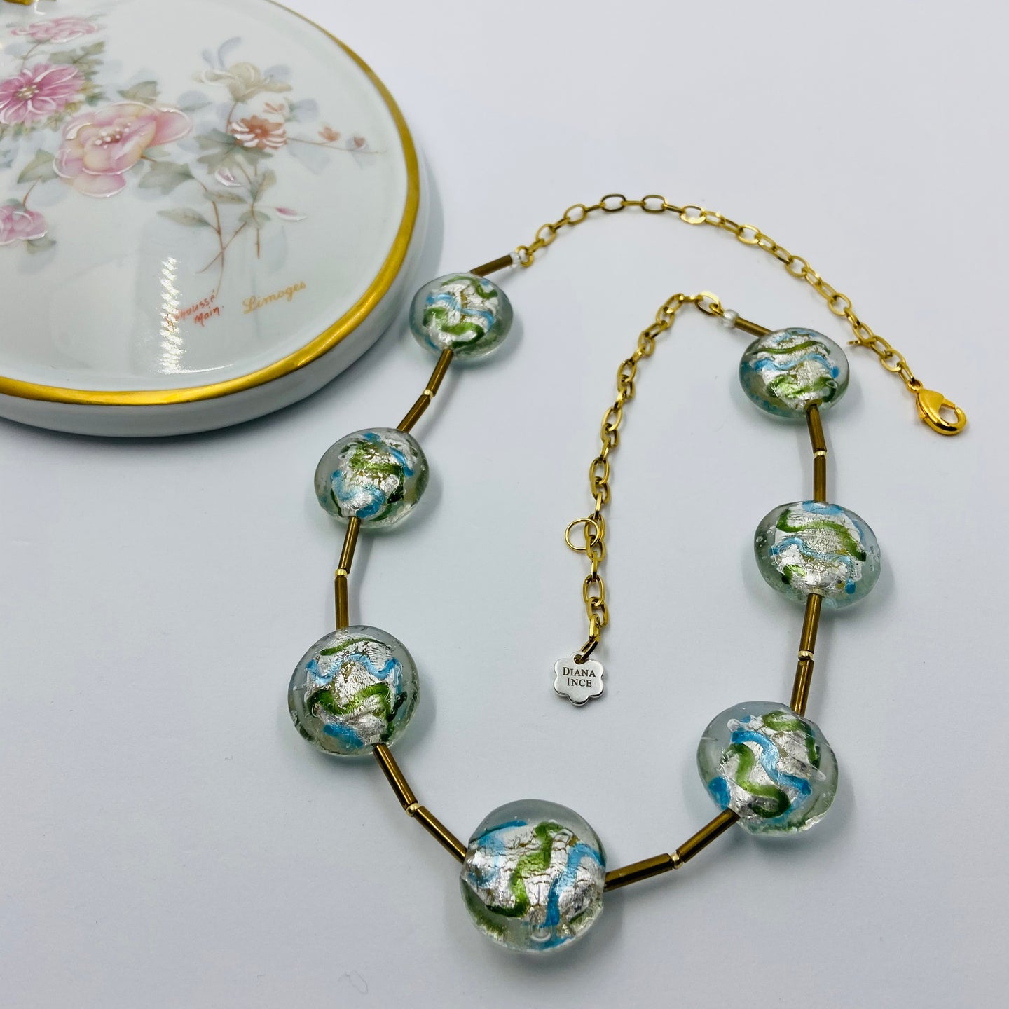 Blue-Green Striped Silver Murano Beads Necklace