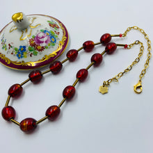 Load image into Gallery viewer, Gold Striped Coal Red Murano Beads Necklace
