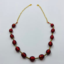 Load image into Gallery viewer, Gold Striped Coal Red Murano Beads Necklace
