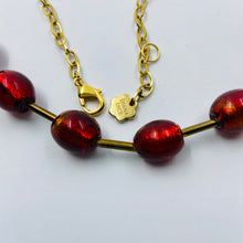 Load image into Gallery viewer, Gold Striped Coal Red Murano Beads Necklace
