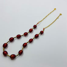 Load image into Gallery viewer, Gold Striped Coal Red Murano Beads Necklace
