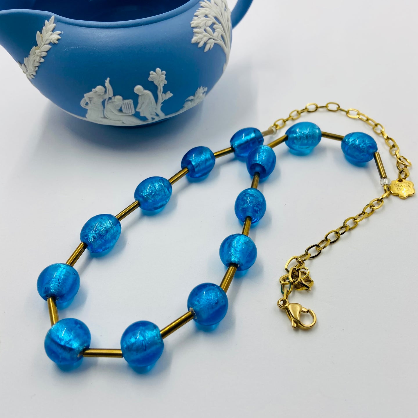 Deep Blue Golden Tube Murano Beads Necklace