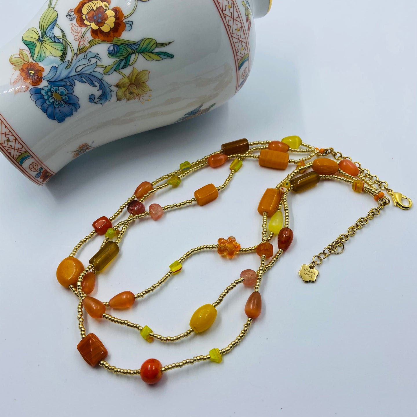 Triple Strand Orange Red Handmade Glass Beads Necklace