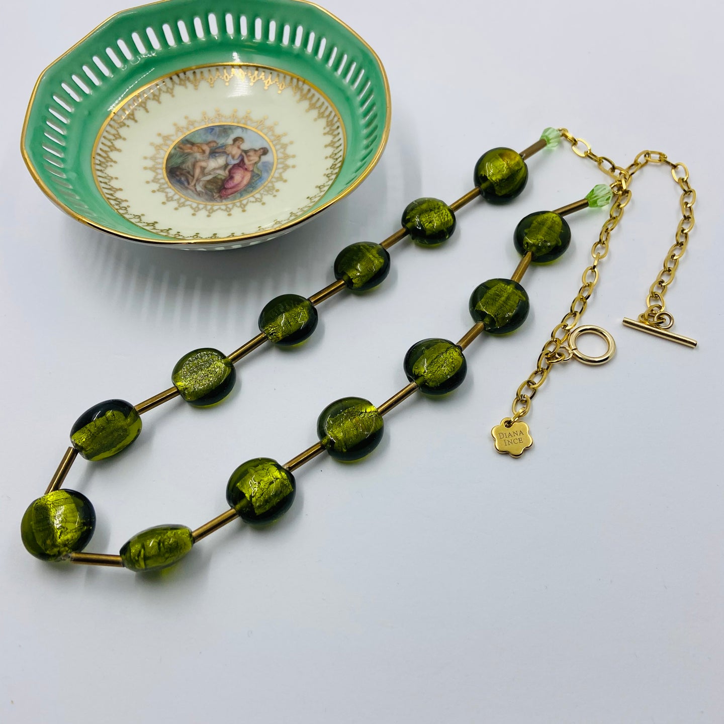 Moss Green Murano Golden Tube Necklace