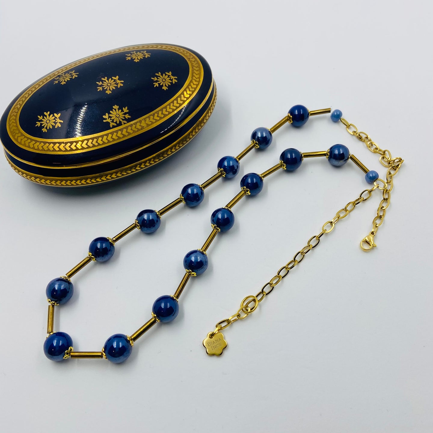 Cobalt Porcelain Beads Golden Tube Necklace