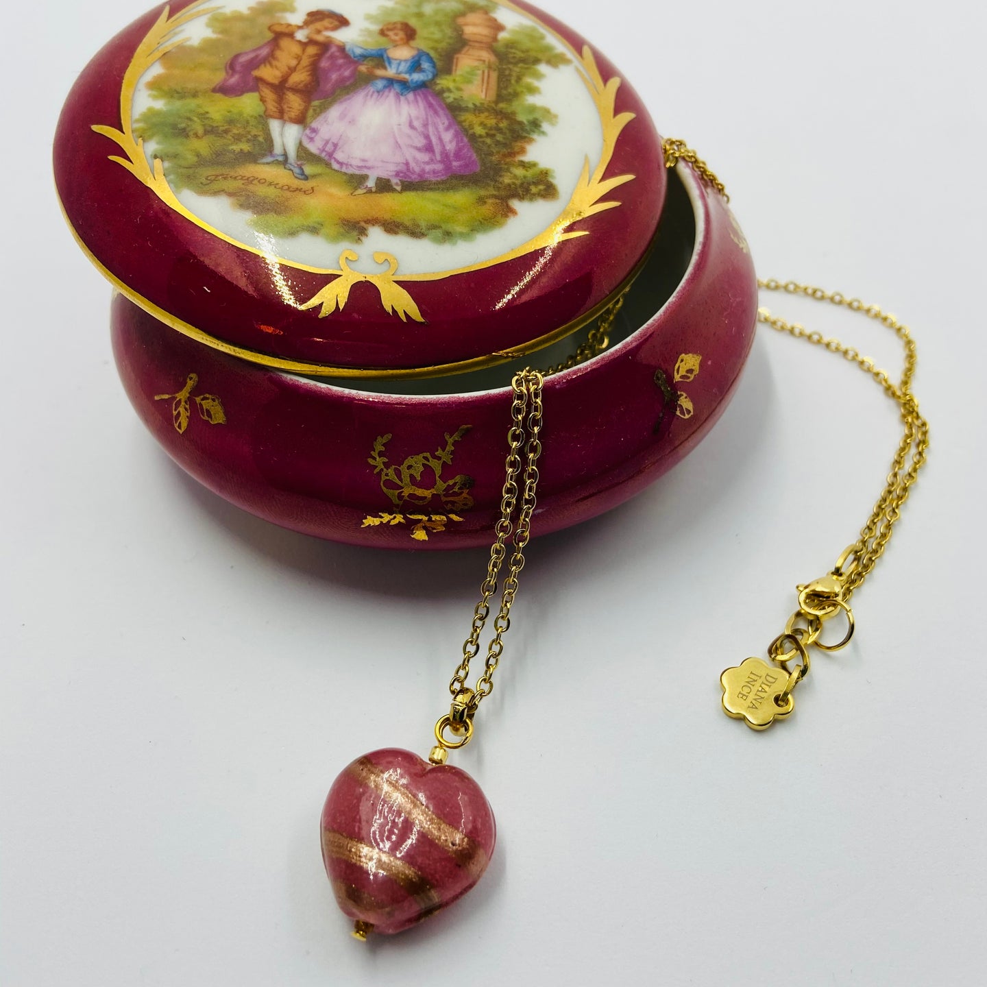 Hand Made Gold Striped Murano Pink Heart on Gold Plated Chain Necklace